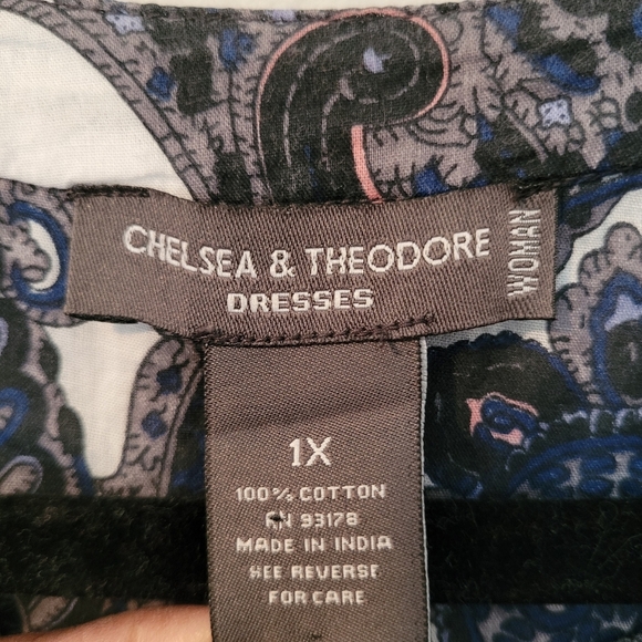 Chelsea & Theodore Wmns 1X Cotton Paisley Blue White Pink Midi Dress Button-up - Picture 2 of 13